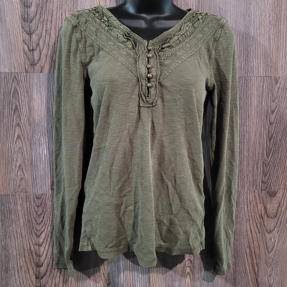 Lucky Brand Rib Knit Henley Top Sz S Olive Green Embellished N-Neck Buttons Boho
